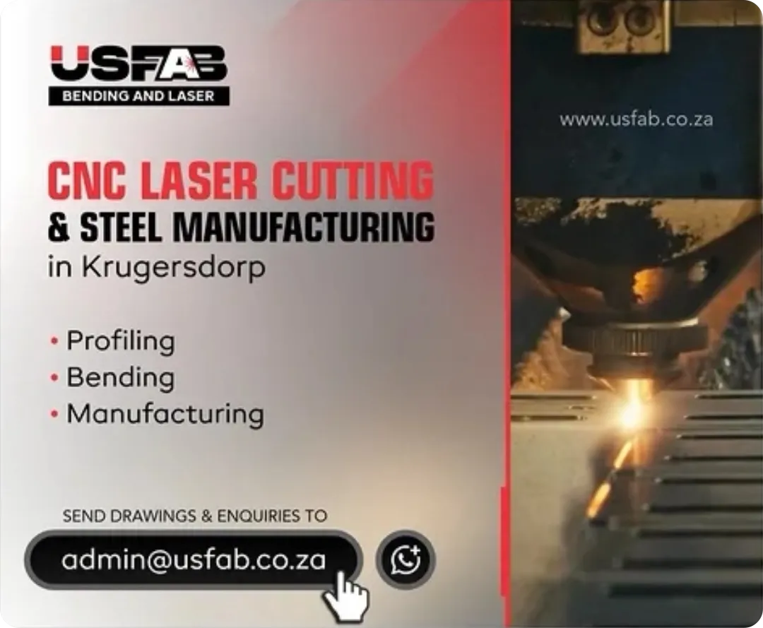 USFAB advertisement for CNC laser cutting and steel manufacturing in Krugersdorp offering profiling, bending, and manufacturing