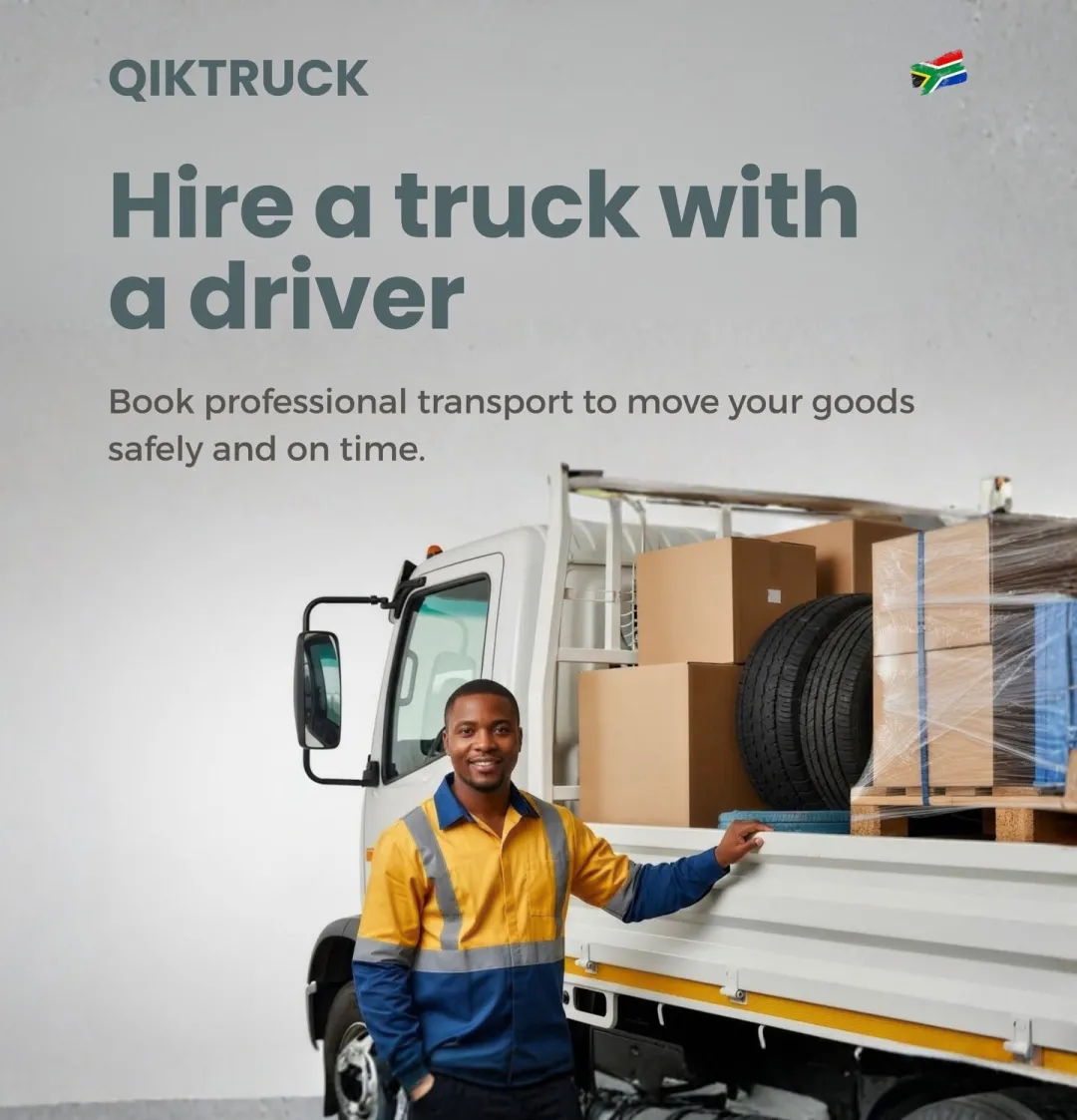 QikTruck platform advertisement highlighting fast, transparent, on-demand logistics, connecting business and personal users with registered drivers and trucks across South Africa.
